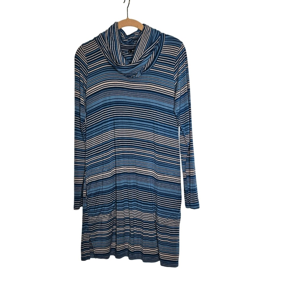 Yala Striped Long Sleeve Cowl Neck Dress Bamboo Natural In Blue & Beige sz Small